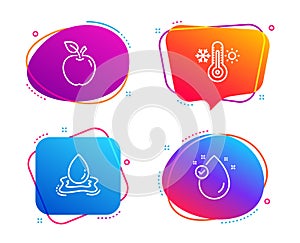 Apple, Water splash and Thermometer icons set. Vitamin e sign. Fruit, Aqua drop, Thermostat. Oil drop. Vector