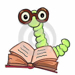 Apple worm , catepillar reading book clever wearing glasses and speaking drawing illustration white background photo