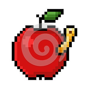 Apple and worm pixel art on white background