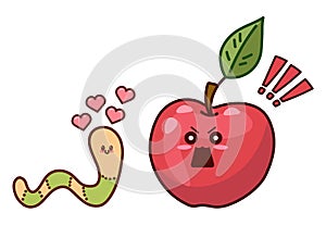 Apple and worm. Toxic love. Funny vector illustration isolated on white background