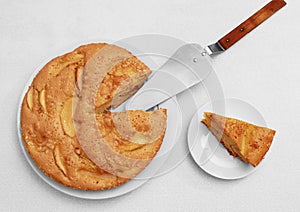 Applepie on the plate with cake server and slice of cake on saucer on light background