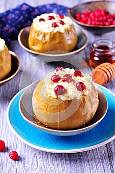 Apples baked with cheese and cranberries poured honey. Healthy breakfast.