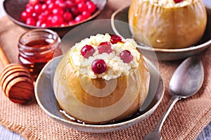 Apples baked with cheese and cranberries poured honey. Healthy breakfast.