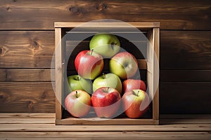 Apples in a box on a wooden shelf. A framework on a wooden background