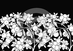 Apples on branches Seamless pattern, background. Black and white graphics.