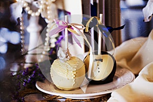 Apples in chocolate, white, black, milk, dark, wedding table decoration, design, interior