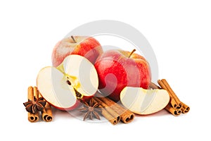 Apples with cinnamon isolated on white background.