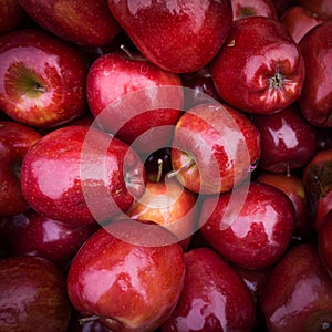 Apples close up at market. Red apples background