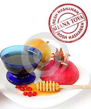 Apples,cut ripe red pomegranate and honey on a white background. Jewish New Year symbols . Rosh Hashanah. Shana Tova round stamp