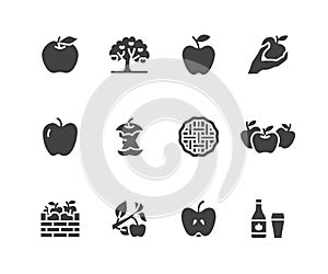 Apples flat glyph icons. Apple picking, autumn harvest festival, craft fruit cider illustrations. Signs for organic food