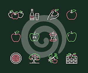 Apples flat line icons. Apple picking, autumn harvest festival, craft fruit cider illustrations. Thin signs for organic