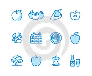 Apples flat line icons. Apple picking, autumn harvest festival, craft fruit cider vector illustrations. Thin signs for