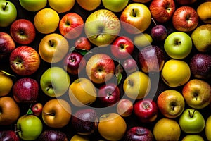 Apples, fruit background, yellow, red, green, ripe apples,different varieties, close-up, healthy food