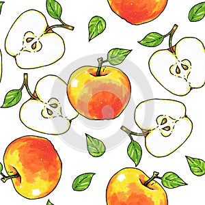 Apples fruits are isolated on a white background. Healthy food. Handwork. Seamless pattern for design