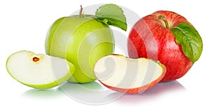 Apples fruits red green apple fruit with leaves isolated on a white background