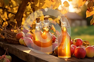 Apples and a glass of juice or cider on a wooden table with a sunny orchard background concept fall harvest concept