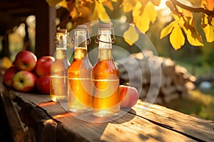 Apples and a glass of juice or cider on a wooden table with a sunny orchard background concept fall harvest concept