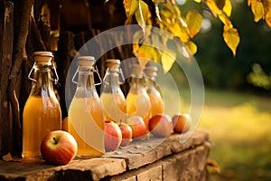 Apples and a glass of juice or cider on a wooden table with a sunny orchard background concept fall harvest concept