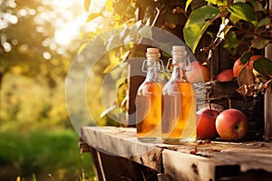 Apples and a glass of juice or cider on a wooden table with a sunny orchard background concept fall harvest concept