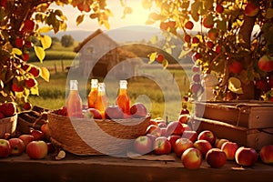 Apples and a glass of juice or cider on a wooden table with a sunny orchard background concept fall harvest concept