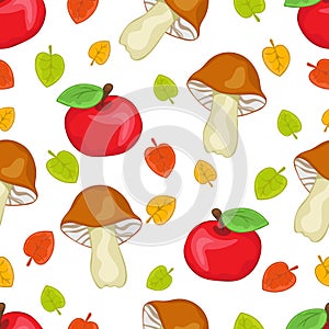 Apples, mushrooms and leaves seamless pattern, cartoon hand drawing, colorful autumn forest background. For the design of children