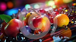 Apples and oranges with crystal balls on the abstract light bokeh blurred background. AI generated 3D image.