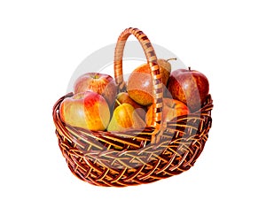 Apples and pears in basket isolated on white background