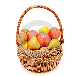 Apples and pears in the basket isolated on white background