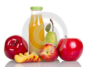 Apples, pears and butilka with juice isolated on white