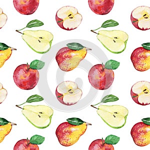 Apples, Pears. Pattern of the watercolors of fruit on a white background. seamless pattern. Isolated hand draw