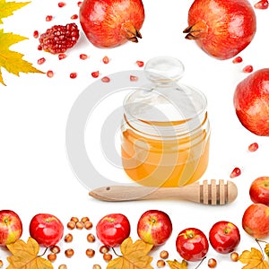 Apples, pomegranate and honey isolated on white . Free space for text. Collage