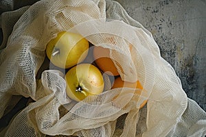 Apples in a reusable bag, top view. Generative AI