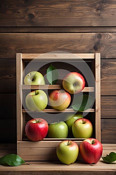 Apples in a box on a wooden shelf. A framework on a wooden background