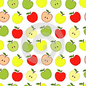 Apples seamless pattern. Red, yellow and green apples on a white background. Vector illustration.