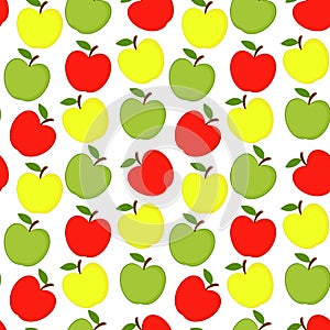 Apples seamless pattern. Red, yellow and green apples on a white background. Vector illustration