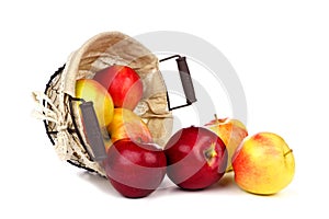 Apples spilling from a rustic basket isolated on white