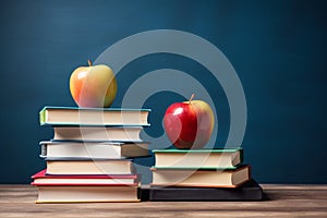 Apples and a stack of books in front of a blackboard. Going back to school concept