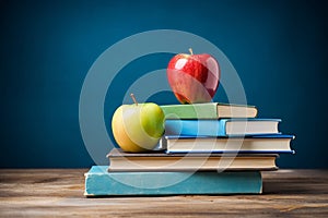 Apples and a stack of books in front of a blackboard. Going back to school concept