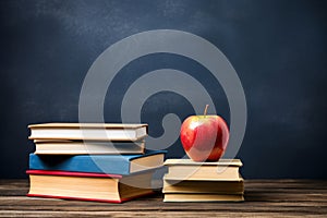 Apples and a stack of books in front of a blackboard. Going back to school concept