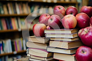 Apples on a stack of books in a library