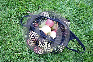 Apples in a string bag. Garden apples in an eco-friendly bag on green grass. View from above. The use of reusable bags