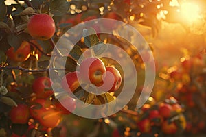 Apples on the tree in the garden in the rays of the setting sun