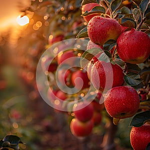 Apples on the tree in the garden in the rays of the setting sun