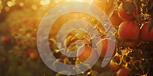 Apples on the tree in the garden in the rays of the setting sun