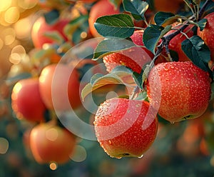 Apples on the tree in the garden in the rays of the setting sun
