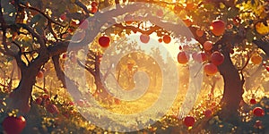 Apples on the tree in the garden in the rays of the setting sun