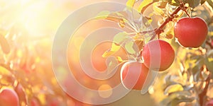 Apples on the tree in the garden in the rays of the setting sun