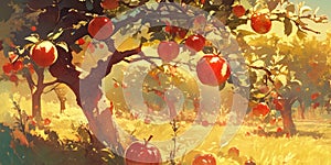 Apples on the tree in the garden in the rays of the setting sun