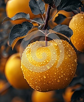 Apples on the tree in the garden in the rays of the setting sun