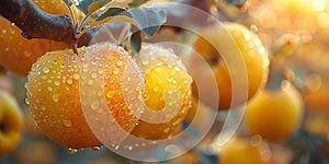 Apples on the tree in the garden in the rays of the setting sun
